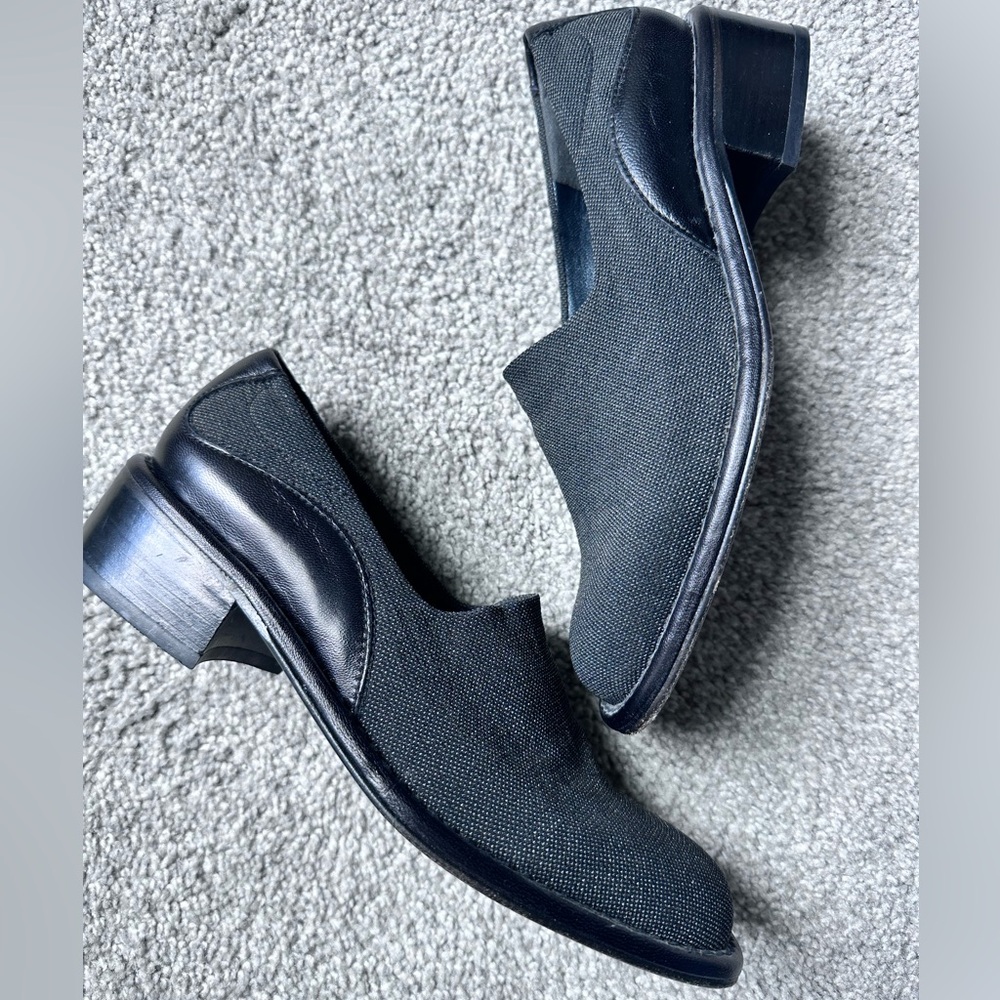 Stuart Weitzman Black Leather and Tweed Slip-On Loafers